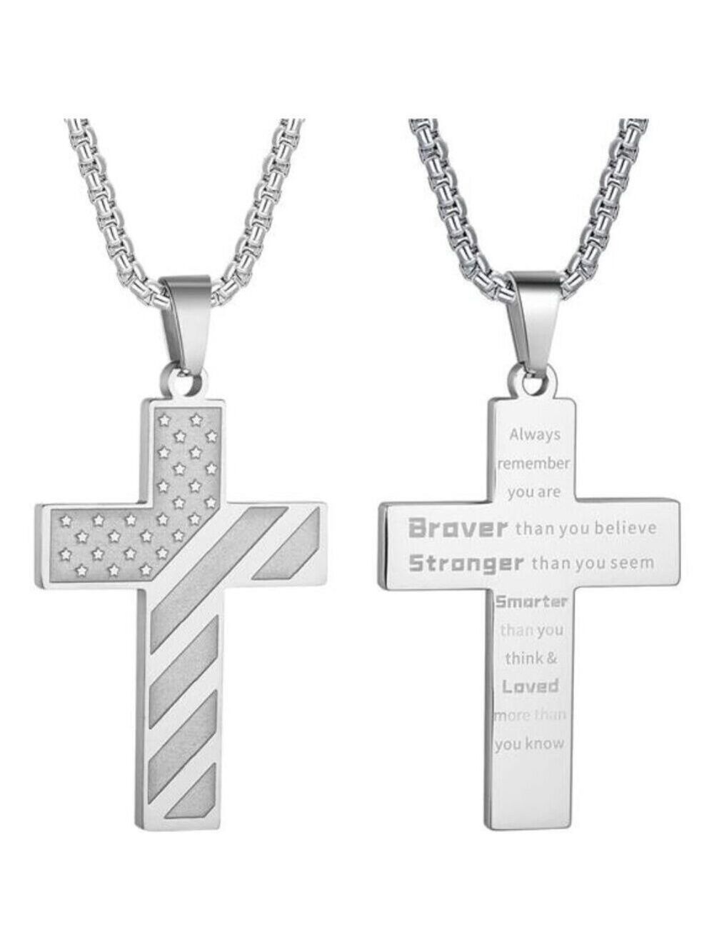 Silver American Flag Cross Necklace for Men Stainless Steel Box Chain 22+2 inch